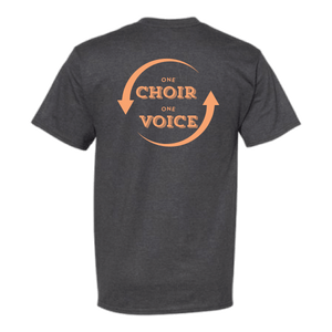 One Choir One Voice back print on charcoal heather tee