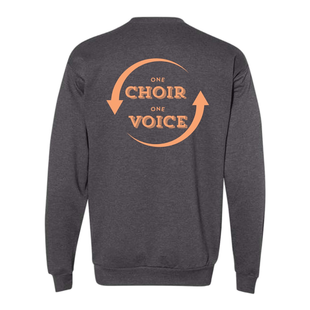 One Choir One Voice back print on charcoal heather crewneck sweatshirt