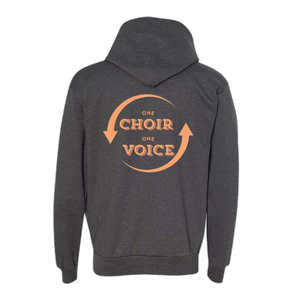 One Choir One Voice back print on charcoal heather hooded sweatshirt