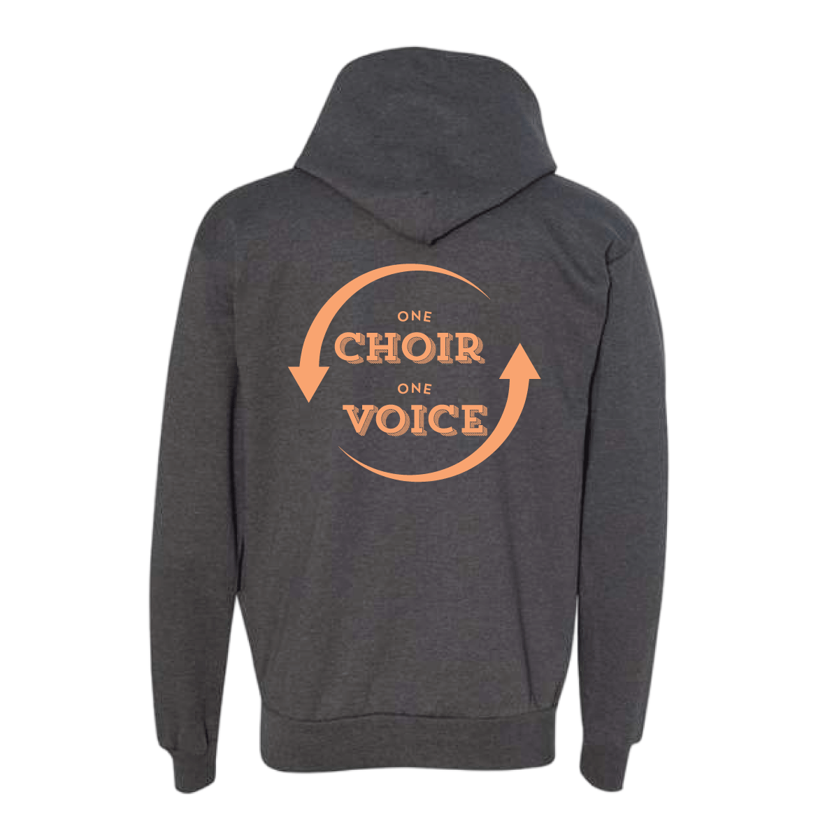 One Choir One Voice back print on charcoal heather hooded sweatshirt