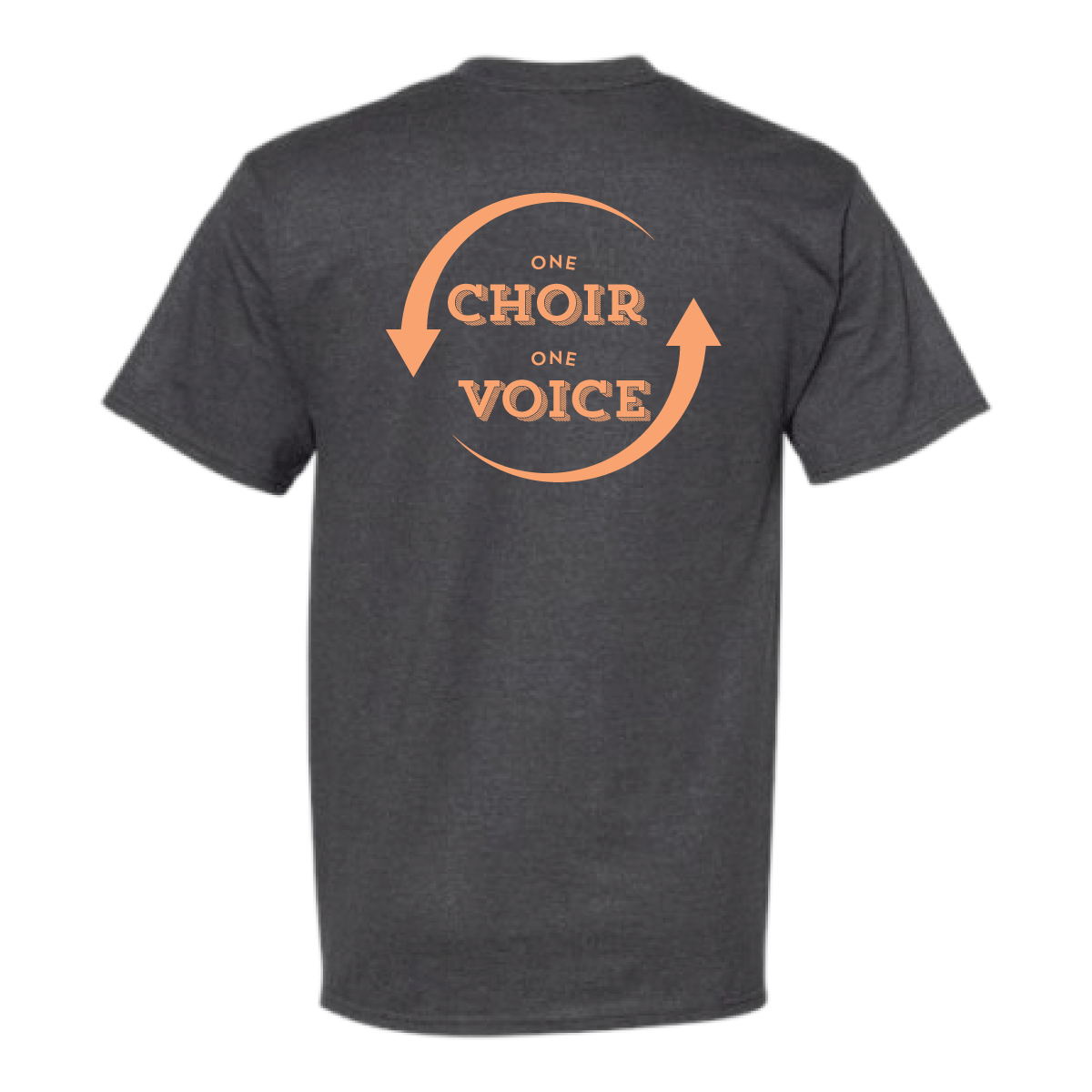 One Choir One Voice back print on charcoal heather tee